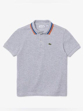 Lacoste Boys Cotton Petit Piqué Gray Polo with Blue & Orange Collar Trim - 12